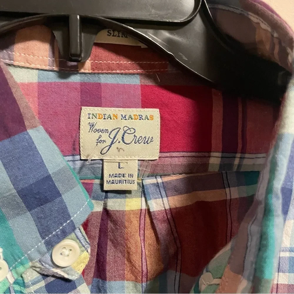 J Crew Shirt Blue Plaid Woven Indian Madras Button Down Long Sleeve- Size Large